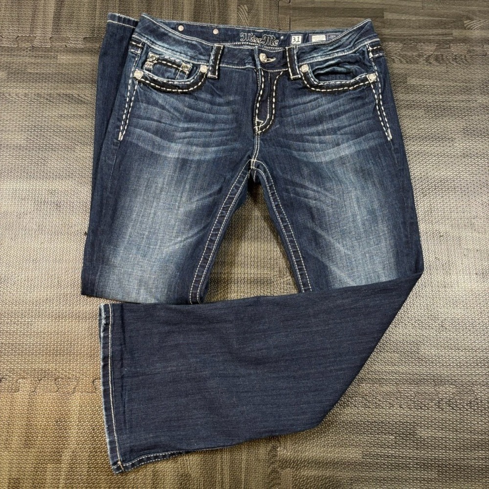 Miss Me Jeans Womens 31 (fits 32x31) Blue Flare Low Rise Dark Wash Whiskers